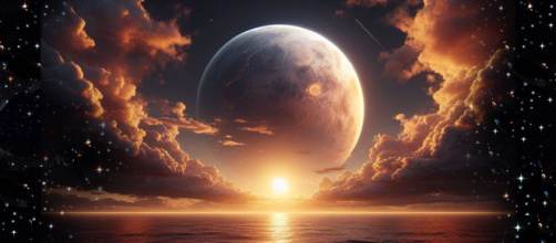 Tramonto di fantasia con Luna e Sole - © Foto Bing IA.