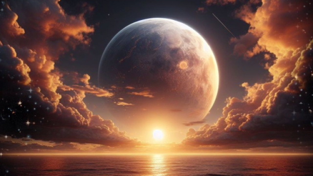 Tramonto di fantasia con Luna e Sole - &copy; Foto Bing IA.