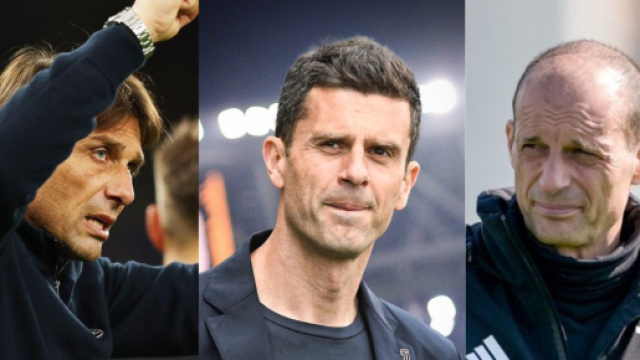 Antonio Conte, allenatore del Napoli. Foto &copy; Conte. Thiago Motta, allenatore della Juventus. Foto &copy; Romano. Massimiliano Allegri. Foto &copy; Juventus