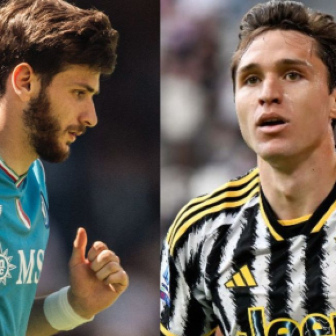 Khvicha K'varatskhelia, attaccante del Napoli. Foto © Napoli. Federico Chiesa, attaccante della Juventus. Foto © Juventus