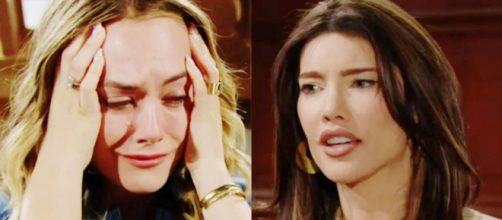 Hope in lacrime per le accuse di Steffy in una scena di Beautiful, screenshot © CBS