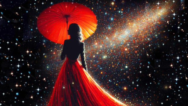 Donna in rosso tra le stelle - &copy; Foto Bing IA.