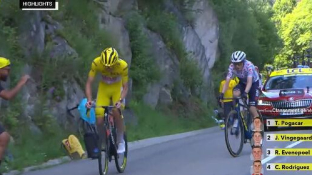Pogacar e Vingegaard sulla salita di Plateau de Beille - Screenshot © Eurosport.