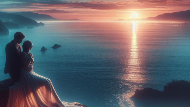 Coppia innamorata con tramonto sul mare - © Foto Bing IA