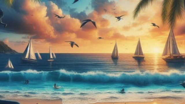 Mare con barche a vela all'orizzonte - &copy; Bing AI.