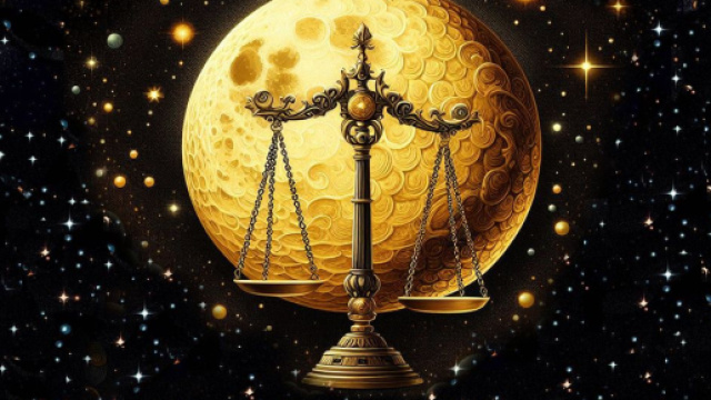 Segno zodiacale della Bilancia con Luna sullo sfondo - © Bing IA.