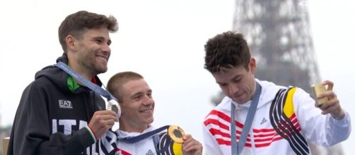 Ganna, Evenepoel e Van Aert sul podio delle Olimpiadi di Parigi - Screenshot © Eurosport.