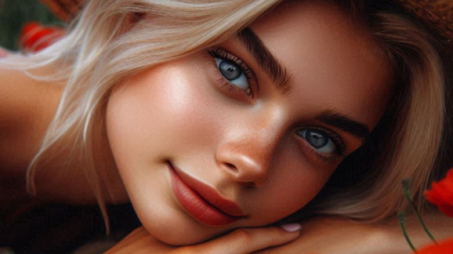 Volto di donna con papaveri rossi - &copy; Bing IA.