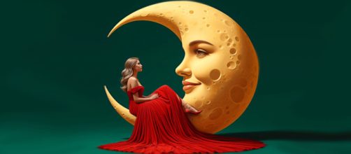 Donna in rosso seduta su una luna sorridente - © Pixabay.