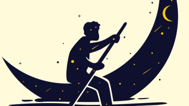 Sagoma di un omino che rema su una barchetta simil luna - © Pixabay