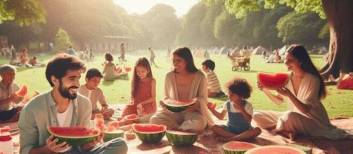 Famiglia che mangi l'anguria in un parco - © Bing AI