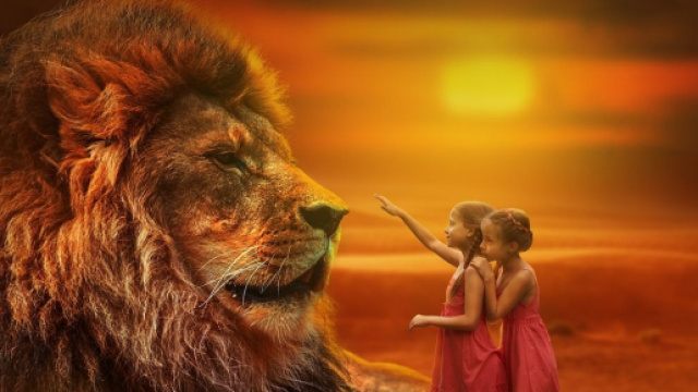 Leone, bambini con tramonto sullo sfondo © Pixabay IA.