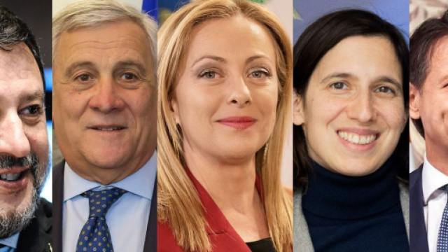 Matteo Salvini, Antonio Tajani, Giorgia Meloni, Elly Schlein e Giuseppe Conte (© Wikimedia commons)