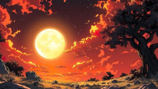 Luna gialla e cielo rosso con albero in primo piano - &copy; Foto Bing IA