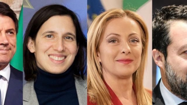 Giuseppe Conte, Elly Schlein, Giorgia Meloni e Matteo Salvini (© Wikimedia commons)