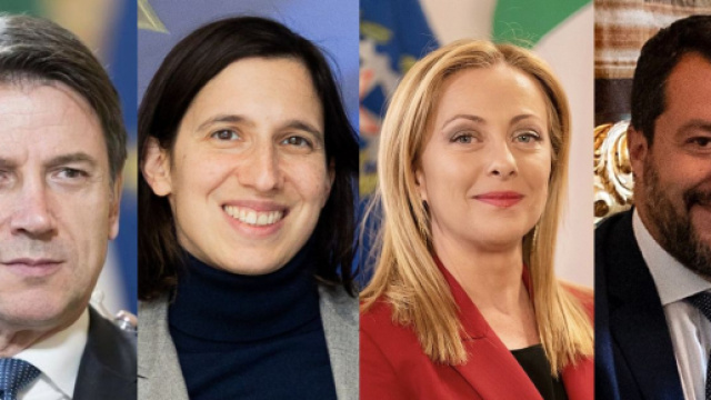 Giuseppe Conte, Elly Schlein, Giorgia Meloni e Matteo Salvini (© Wikimedia commons)