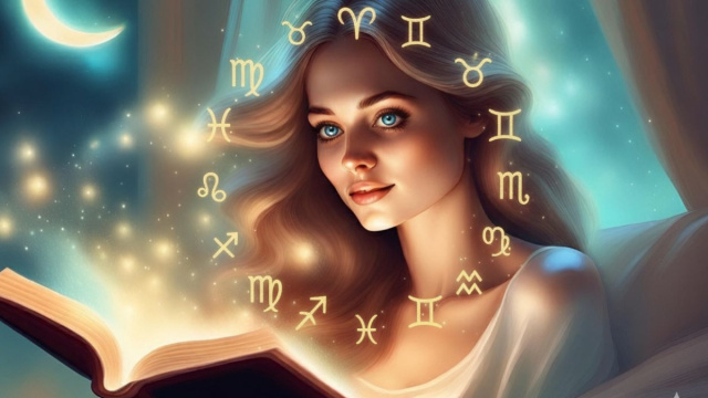 Donna con libro aperto e simboli zodiacali, tema di astrologia e divinazione © Copilot IA.