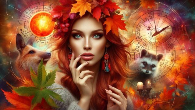 Donna eterea con capelli rossi e occhi azzurri, ornata da foglie autunnali © AI Copilot.