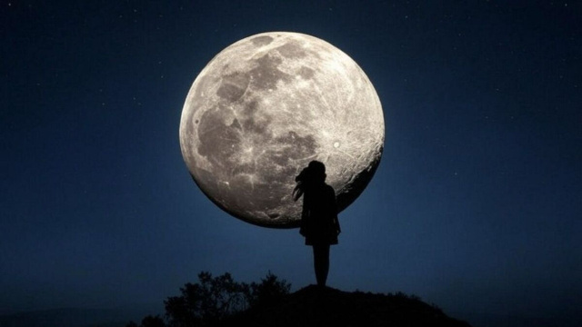 Una persona in silhouette osserva una grande luna piena in un cielo stellato © Pixabay.