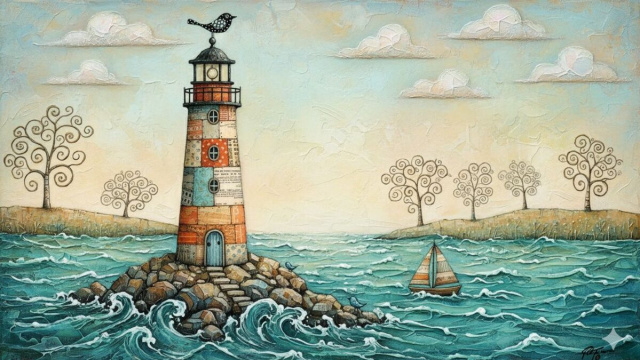 Dipinto di un faro patchwork su isola rocciosa, mare agitato © Copilot / IA.