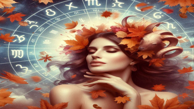 Donna con corona di foglie autunnali e corna di ariete – © AI Copilot.