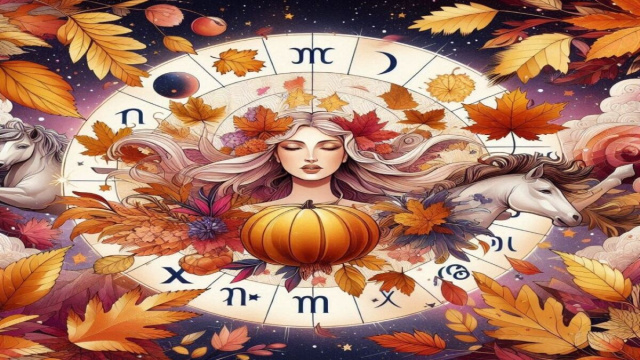Figura femminile circondata da simboli autunnali e una ruota zodiacale © AI Copilot.