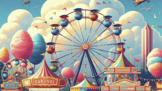 Improbabile luna park con giostre impossibili, zucchero filato e cavalieri volanti - © Pixbay IA.
