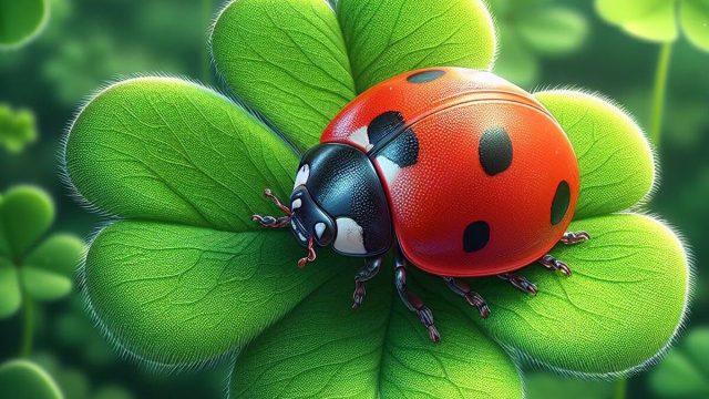 Coccinella su quadrifoglio portafortuna - © Foto Bing IA.