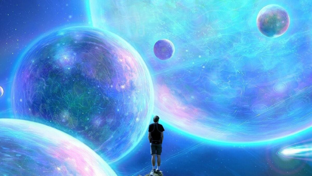 Uno scenario fantasy in cui un uomo si trova in mezzo ai pianeti © Pixabay.