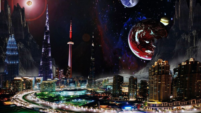Una città futuristica sotto un cielo notturno con dei pianeti © Pixabay.