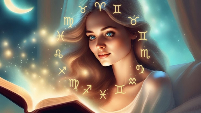 Volto di donna con libro aperto e cerchio zodiacale - © Copilot IA