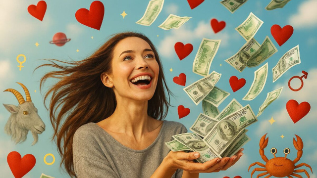 Donna raggiante di felicità raccoglie cuori e denaro - © Copilot IA.