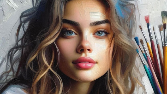 Volto di donna in atteggiamento sereno con pennelli da disegno in secondo piano - &copy; Pixabay IA.