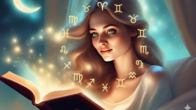 Donna che legge un libro da cui emerge una luce magica con i segni zodiacali – © Copilot IA.