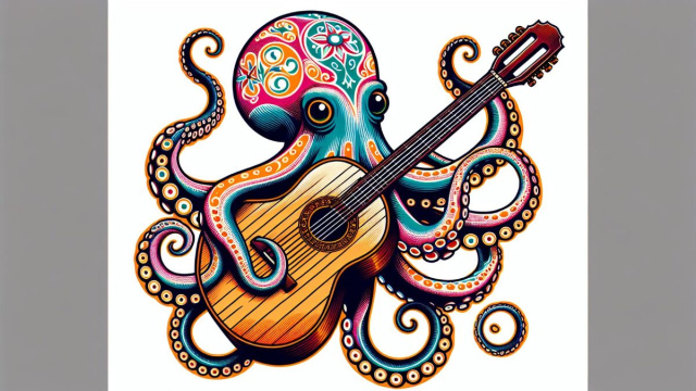 Numero 67 della Smorfia napoletana, 'o purpo into'â chitarra. © Immagine creata con Dall-E