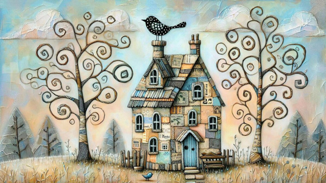 Casa rustica con texture e uccellino in un paesaggio fantastico - © Gemini IA.