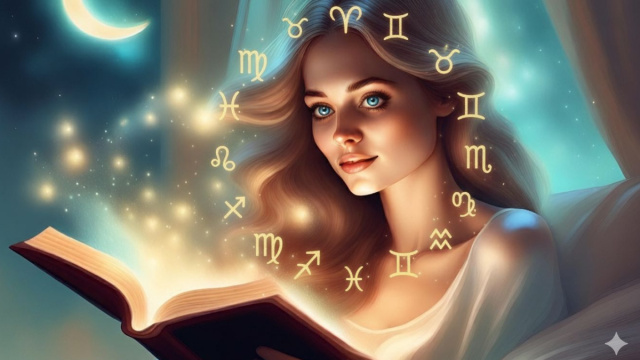 Donna con libro aperto e cerchio zodiacale in primo piano - © Copilot IA.