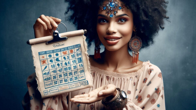 Una donna che tiene in mano il calendario di Ottobre © Foto AI Copilot