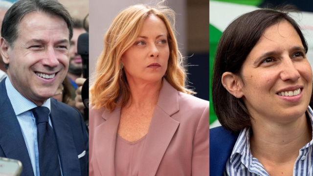 Giuseppe Conte, Giorgia Meloni ed Elly Schlein (© Facebook)
