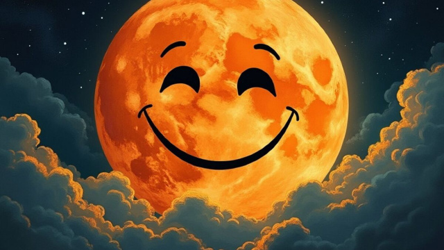 Una luna piena gigante e sorridente che domina la scena © Grok AI X.