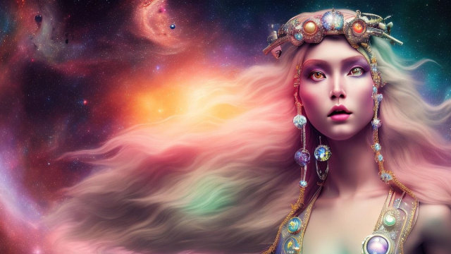 Figura eterea simile a una dea cosmica immersa in uno spazio vibrante e colorato – © Pixabay.