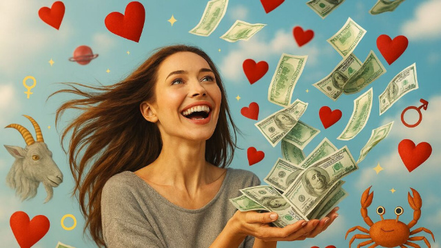 Donna felice raccoglie cuori e denaro con alcuni segni zodiacali - © Copilot IA.