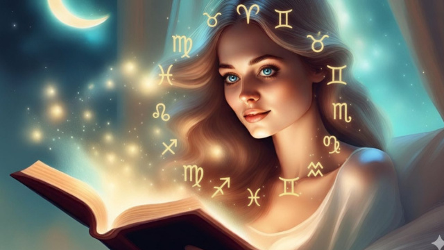 Volto di donna sereno con libro e disco zodiacale in primo piano - © Copilot IA.