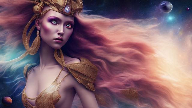 Donna eterea in vesti dorate in contesto cosmico – © Pixabay.