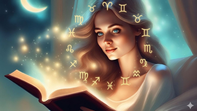 Donna tra i simboli zodiacali legge un libro di luce e stelle – © Pixabay IA.