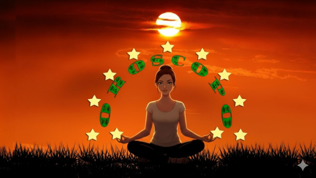 Donna in posizione yoga al tramonto con stelle ed elementi grafici - © Gemini IA.