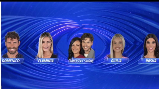 In foto Domenico, Flaminia, Francesca e Simone, Giulia e Rasha, concorrenti del Grande Fratello - &copy; Mediaset.