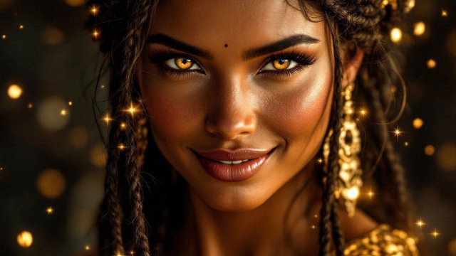 Volto di donna bruna con scintille di luce - &copy; Copilot IA.