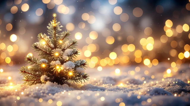 Alberello di natale illuminato con luci calde e appoggiato sulla neve &copy; Pixabay