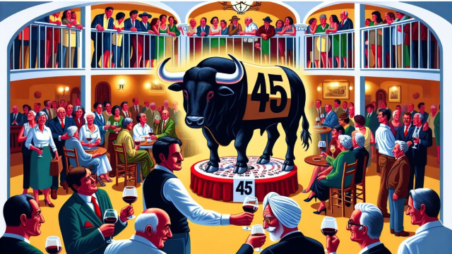 Numero 45 della Smorfia napoletana, 'o vino bbuono per il Toro. &copy; Immagine creata con Dall-E